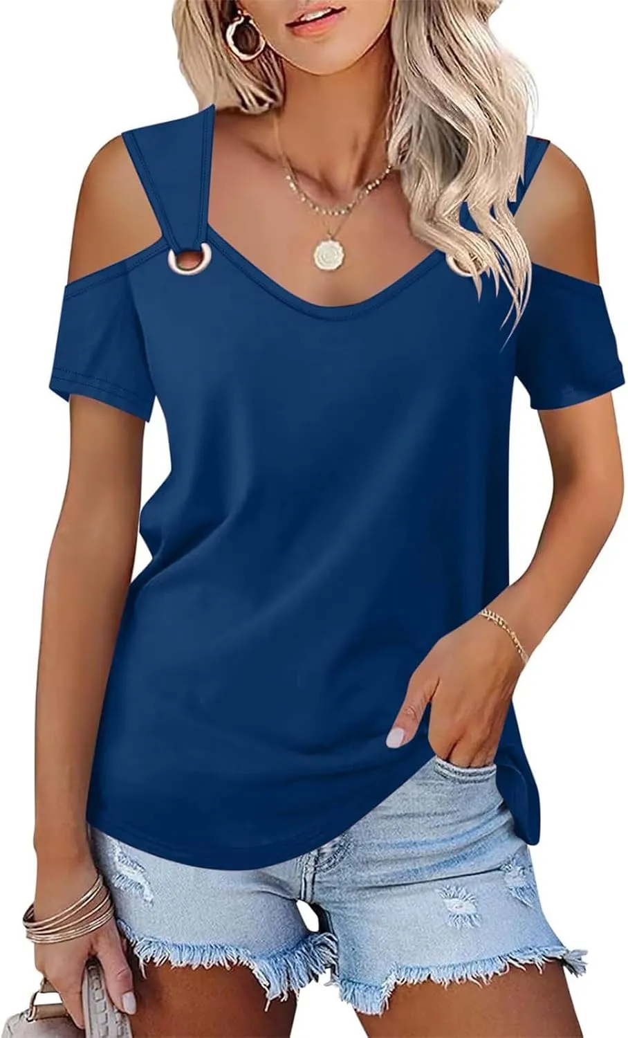 Women's Cold Shoulder Tops Short Sleeve V Neck O-Ring Straps T Shirts Casual Loose Basic Summer Tees Blouse