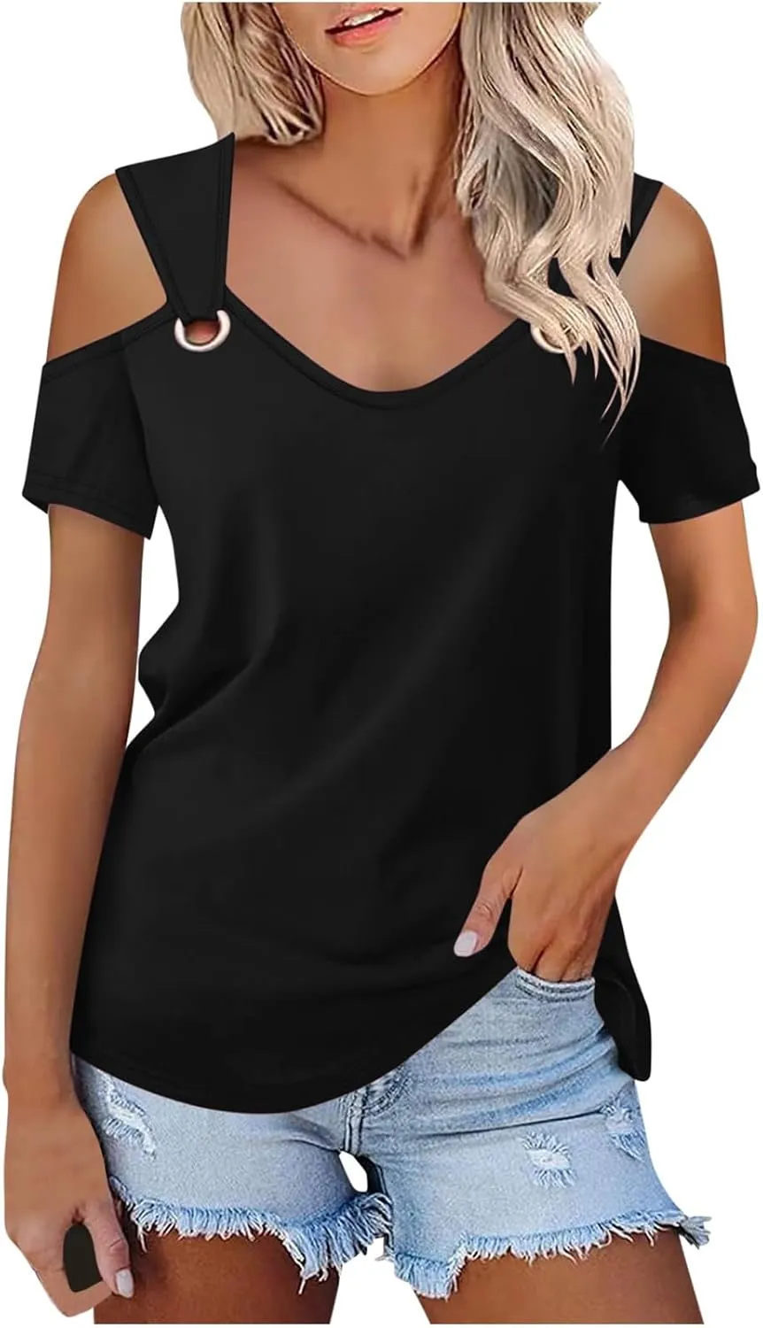 Women's Cold Shoulder Tops Short Sleeve V Neck O-Ring Straps T Shirts Casual Loose Basic Summer Tees Blouse