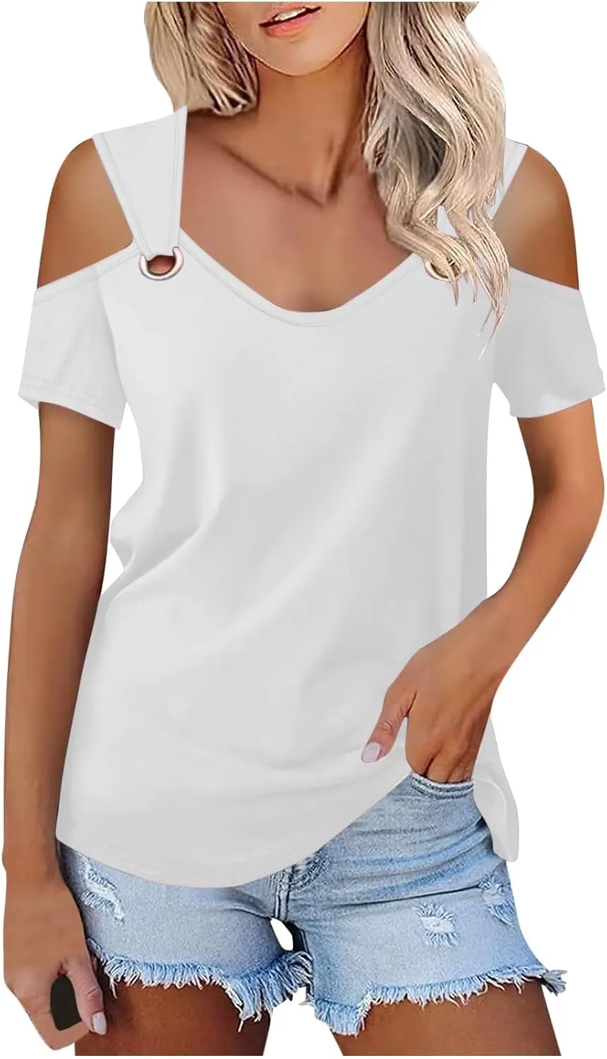 Women's Cold Shoulder Tops Short Sleeve V Neck O-Ring Straps T Shirts Casual Loose Basic Summer Tees Blouse