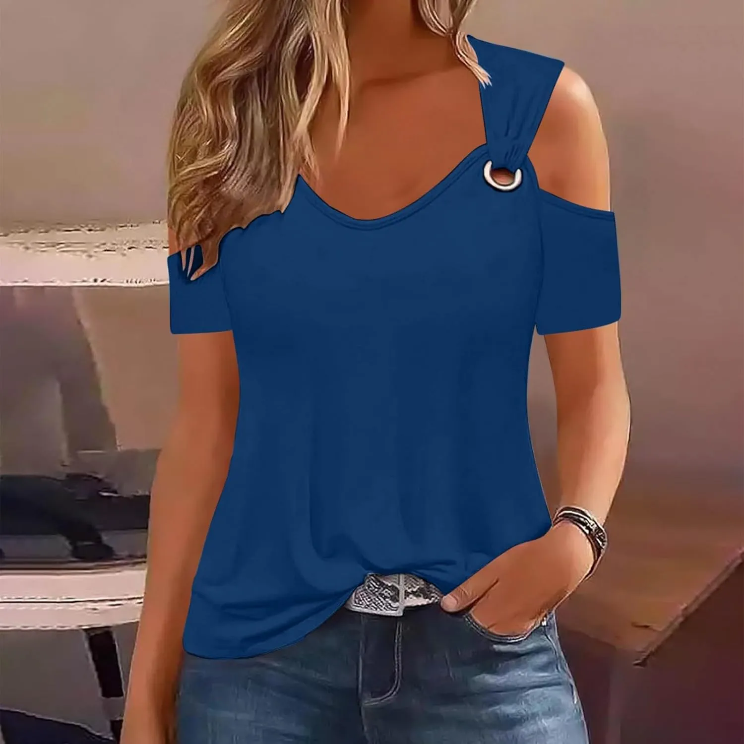 Women's Cold Shoulder Tops Short Sleeve V Neck O-Ring Straps T Shirts Casual Loose Basic Summer Tees Blouse
