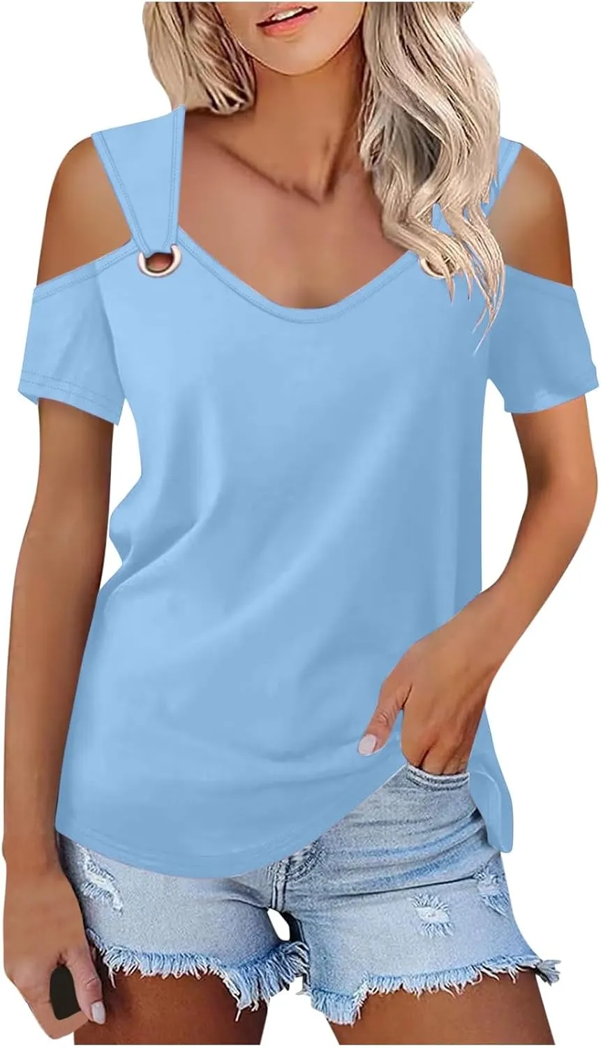 Women's Cold Shoulder Tops Short Sleeve V Neck O-Ring Straps T Shirts Casual Loose Basic Summer Tees Blouse