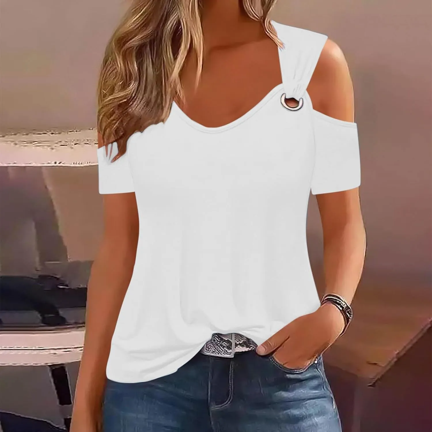 Women's Cold Shoulder Tops Short Sleeve V Neck O-Ring Straps T Shirts Casual Loose Basic Summer Tees Blouse