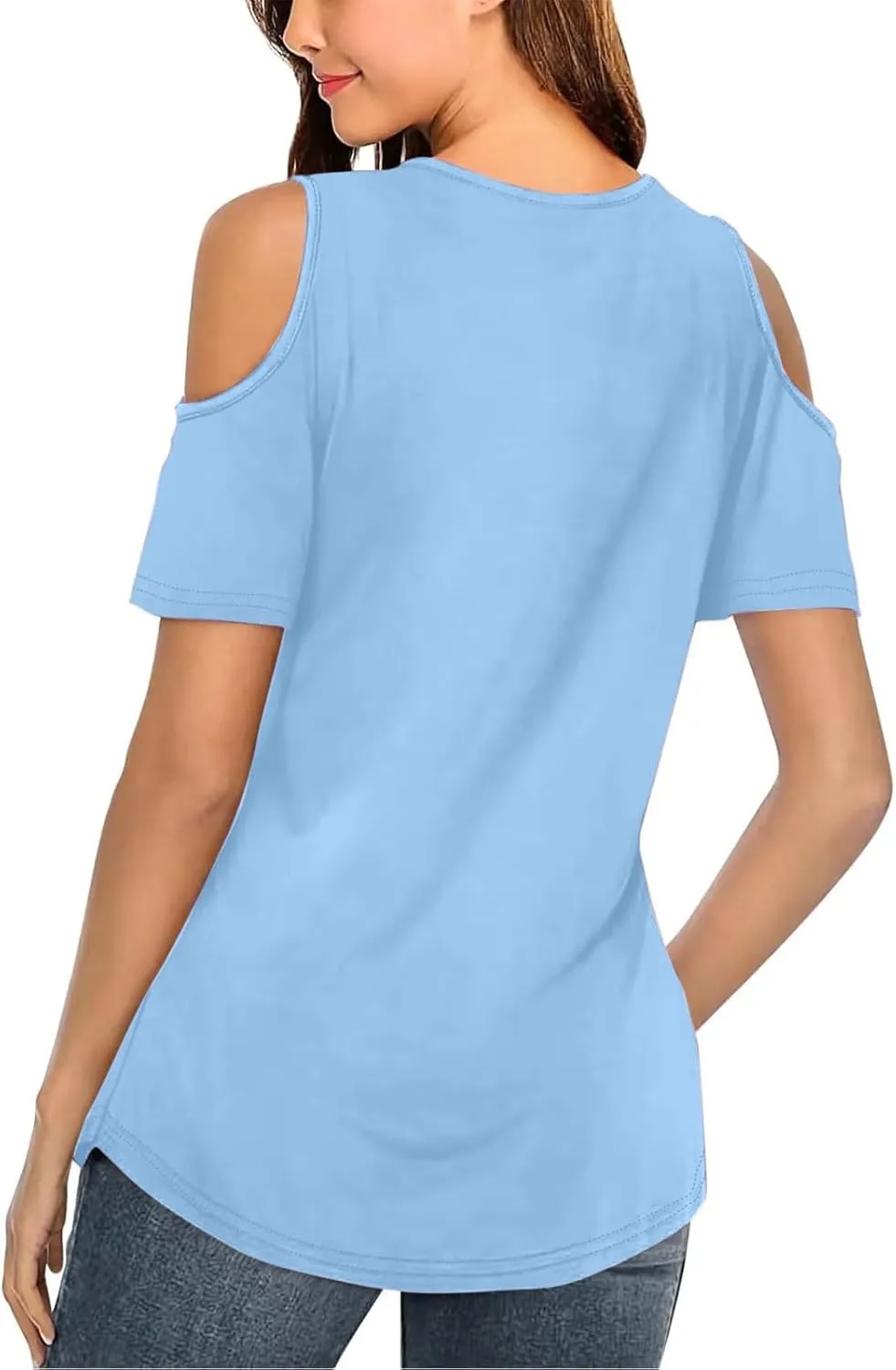 Women's Cold Shoulder Tops Short Sleeve V Neck O-Ring Straps T Shirts Casual Loose Basic Summer Tees Blouse
