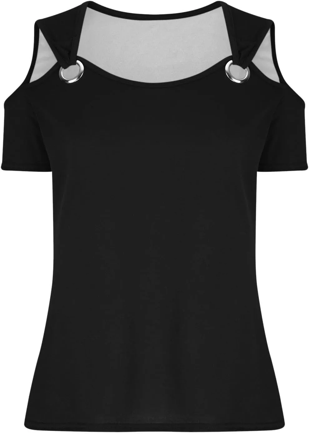 Women's Cold Shoulder Tops Short Sleeve V Neck O-Ring Straps T Shirts Casual Loose Basic Summer Tees Blouse