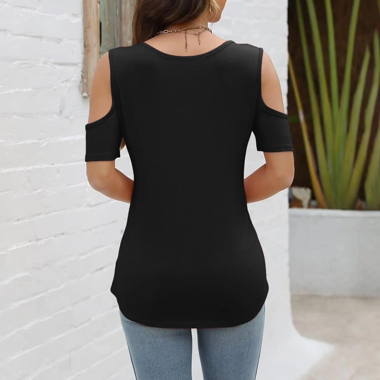 Women's Cold Shoulder Tops Short Sleeve V Neck O-Ring Straps T Shirts Casual Loose Basic Summer Tees Blouse