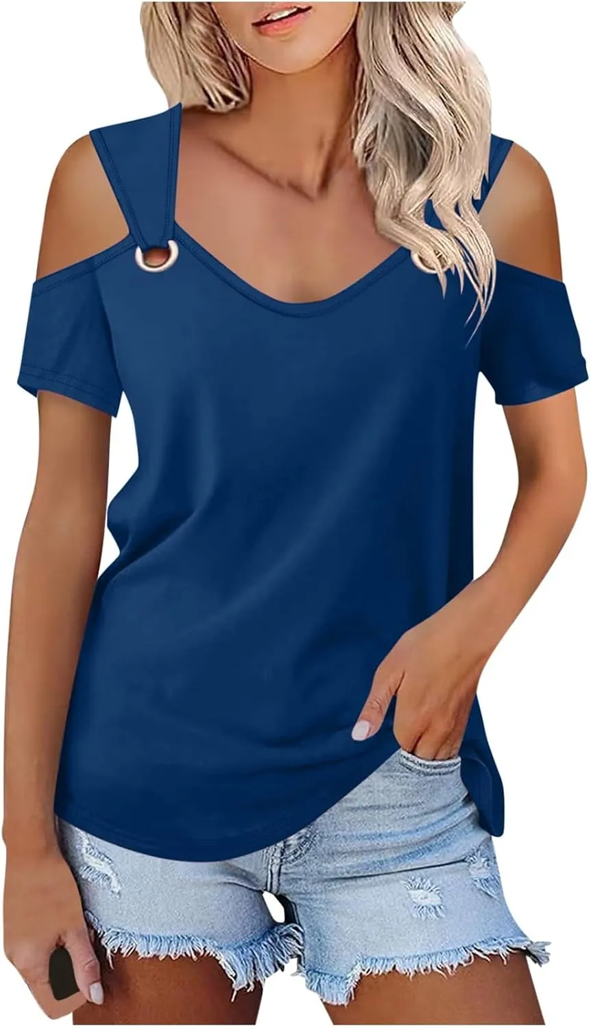 Women's Cold Shoulder Tops Short Sleeve V Neck O-Ring Straps T Shirts Casual Loose Basic Summer Tees Blouse