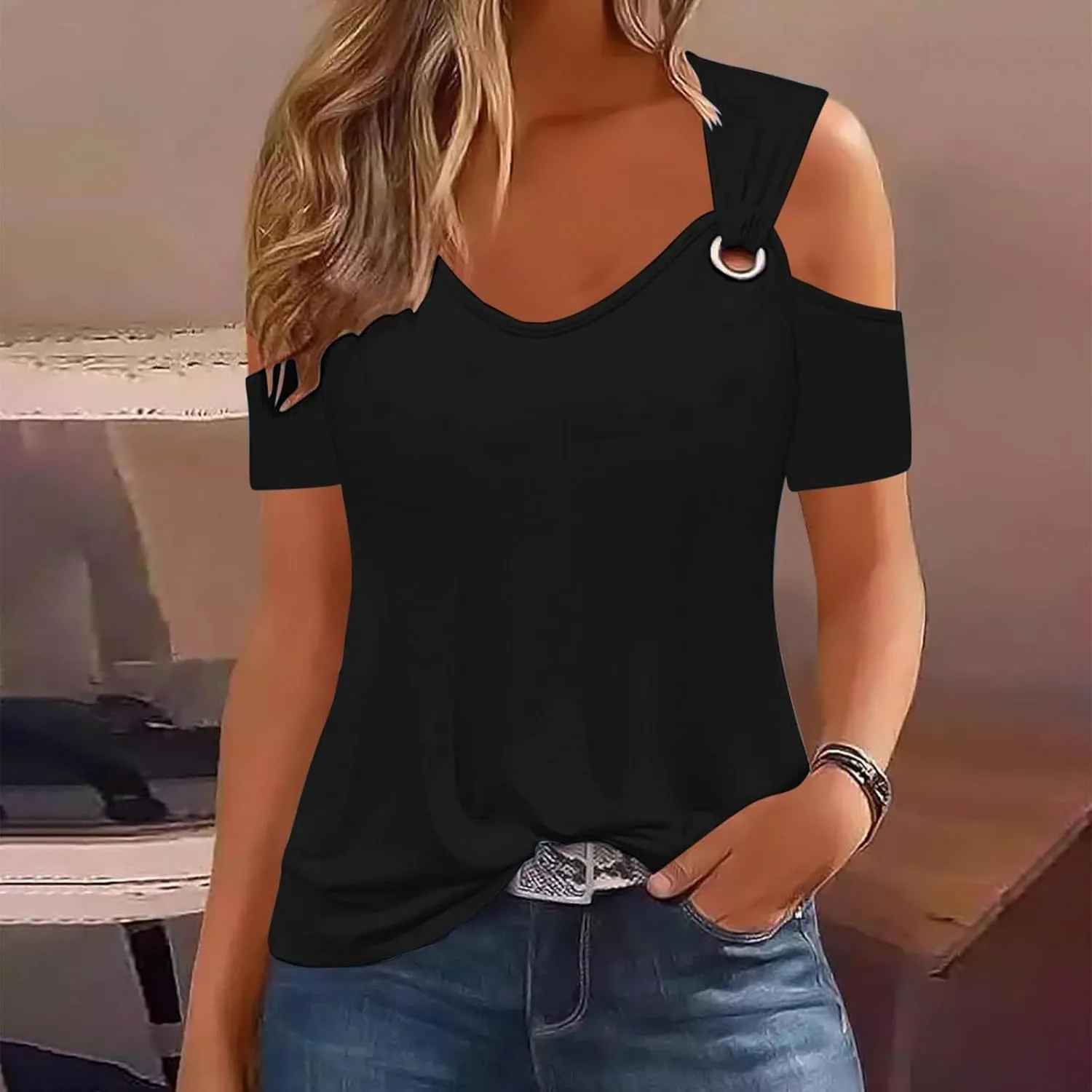 Women's Cold Shoulder Tops Short Sleeve V Neck O-Ring Straps T Shirts Casual Loose Basic Summer Tees Blouse