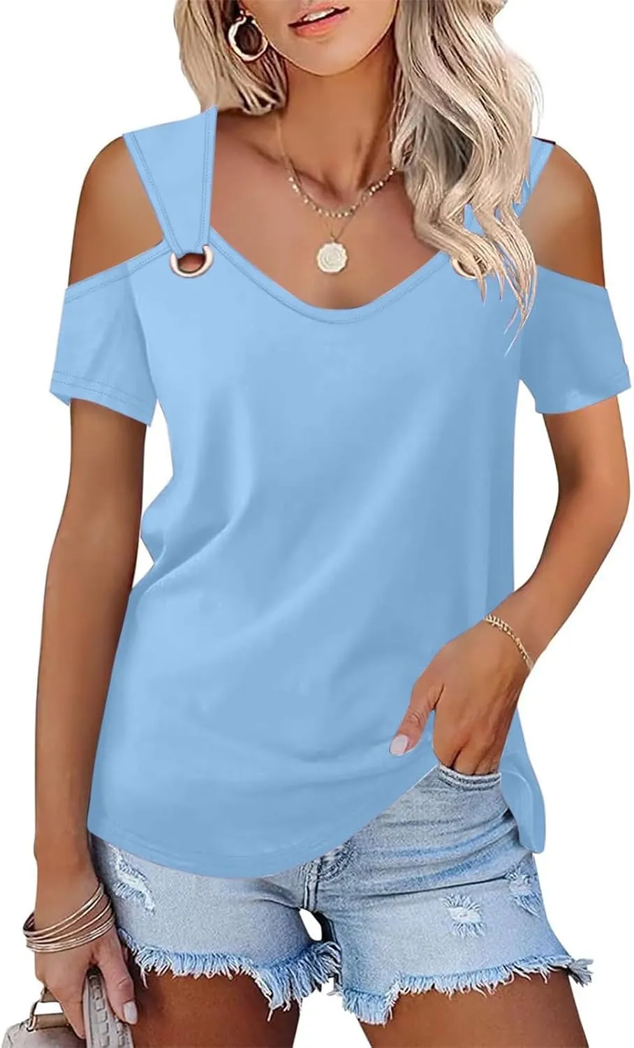 Women's Cold Shoulder Tops Short Sleeve V Neck O-Ring Straps T Shirts Casual Loose Basic Summer Tees Blouse