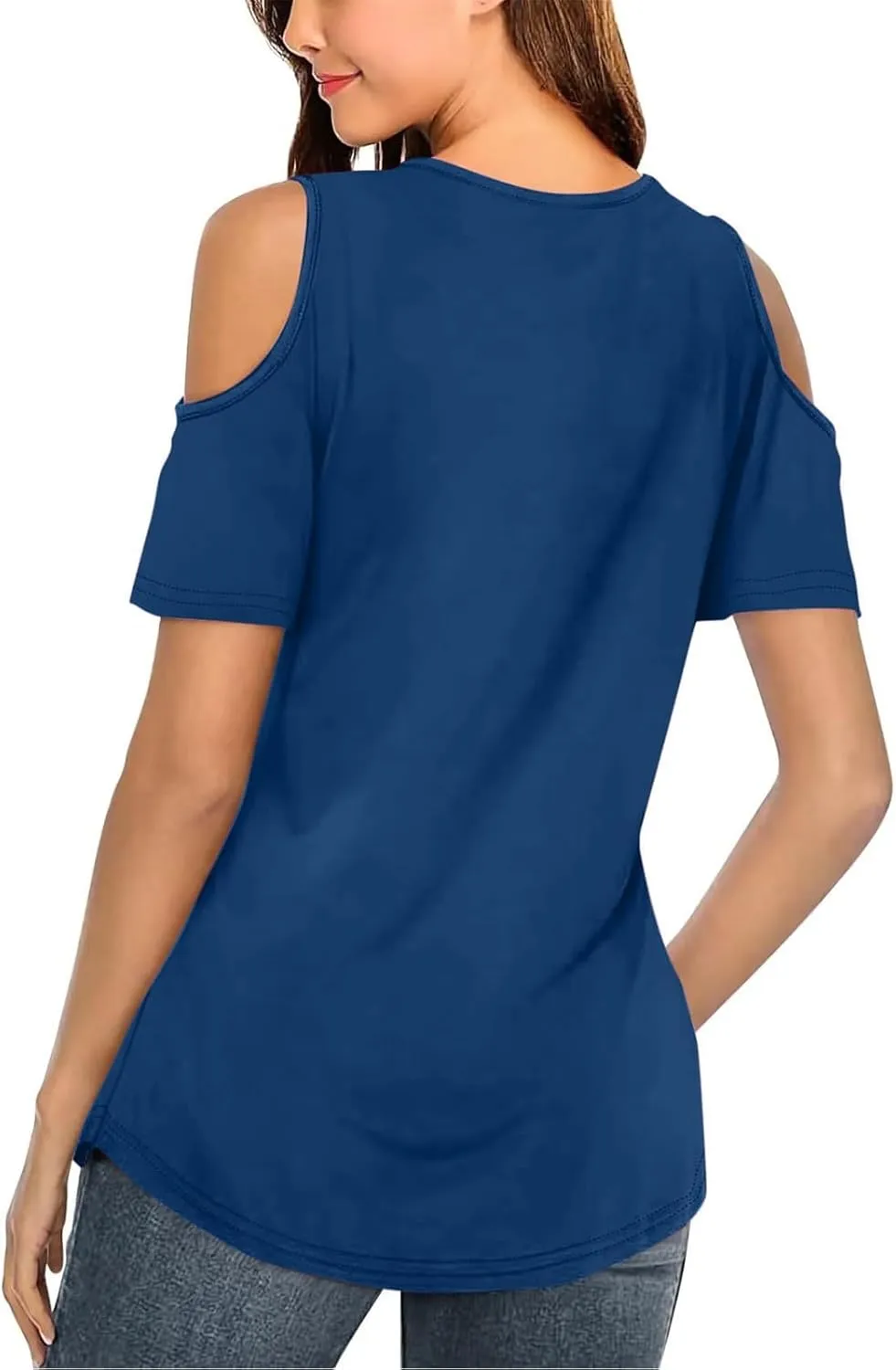 Women's Cold Shoulder Tops Short Sleeve V Neck O-Ring Straps T Shirts Casual Loose Basic Summer Tees Blouse
