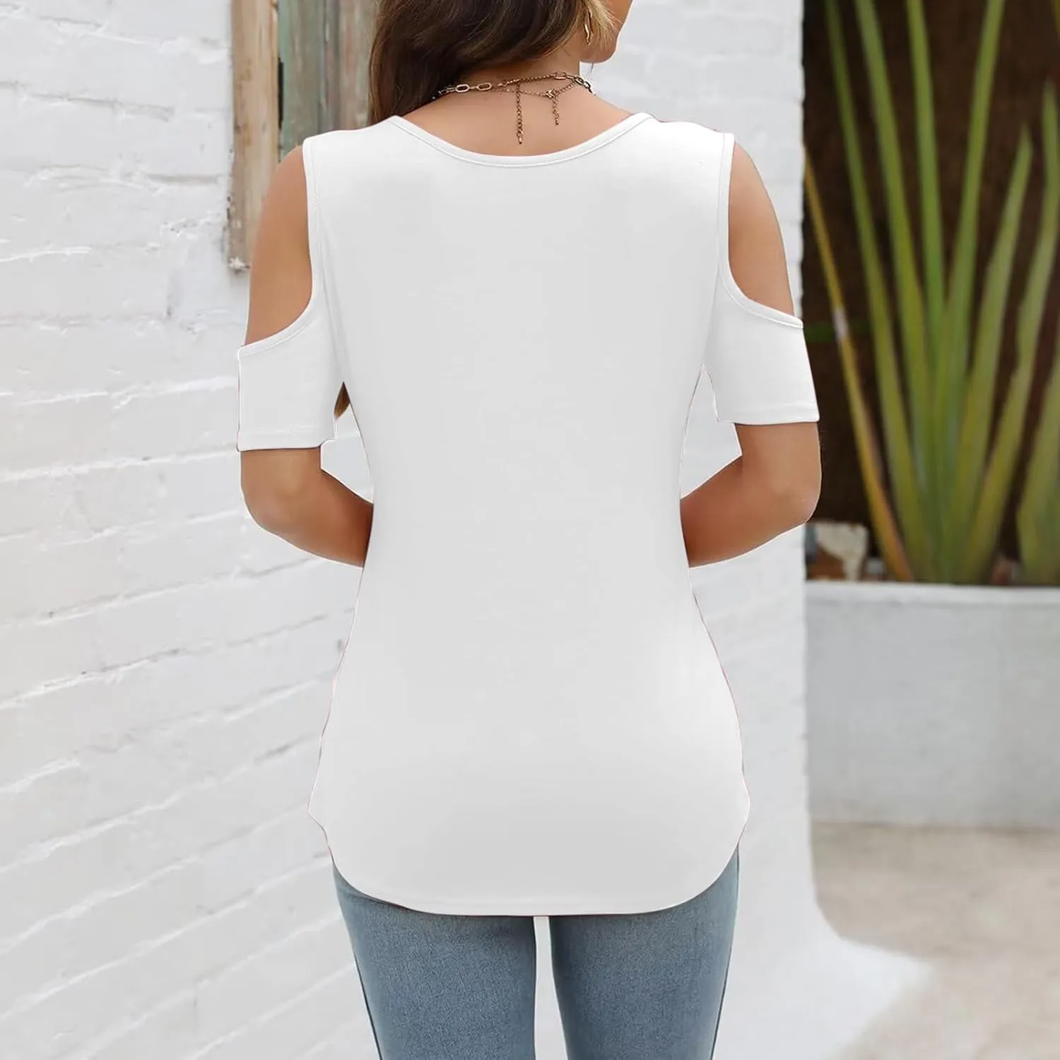 Women's Cold Shoulder Tops Short Sleeve V Neck O-Ring Straps T Shirts Casual Loose Basic Summer Tees Blouse