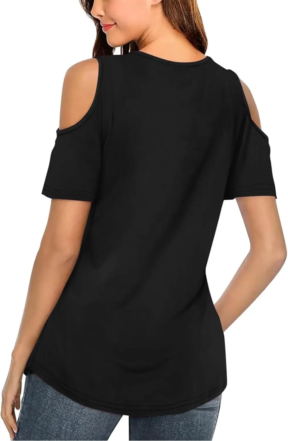 Women's Cold Shoulder Tops Short Sleeve V Neck O-Ring Straps T Shirts Casual Loose Basic Summer Tees Blouse