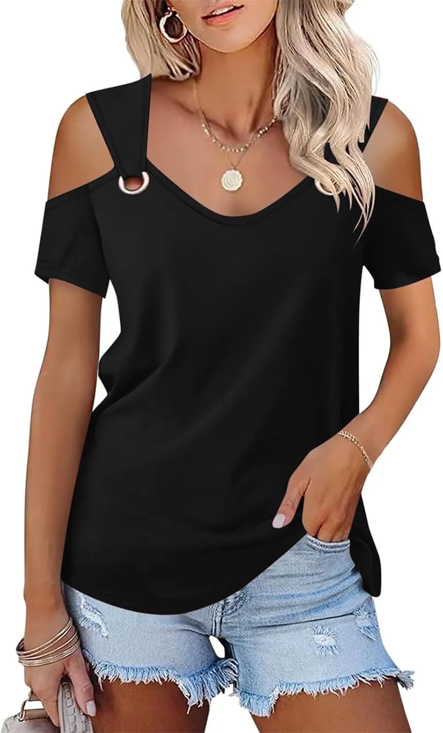 Women's Cold Shoulder Tops Short Sleeve V Neck O-Ring Straps T Shirts Casual Loose Basic Summer Tees Blouse