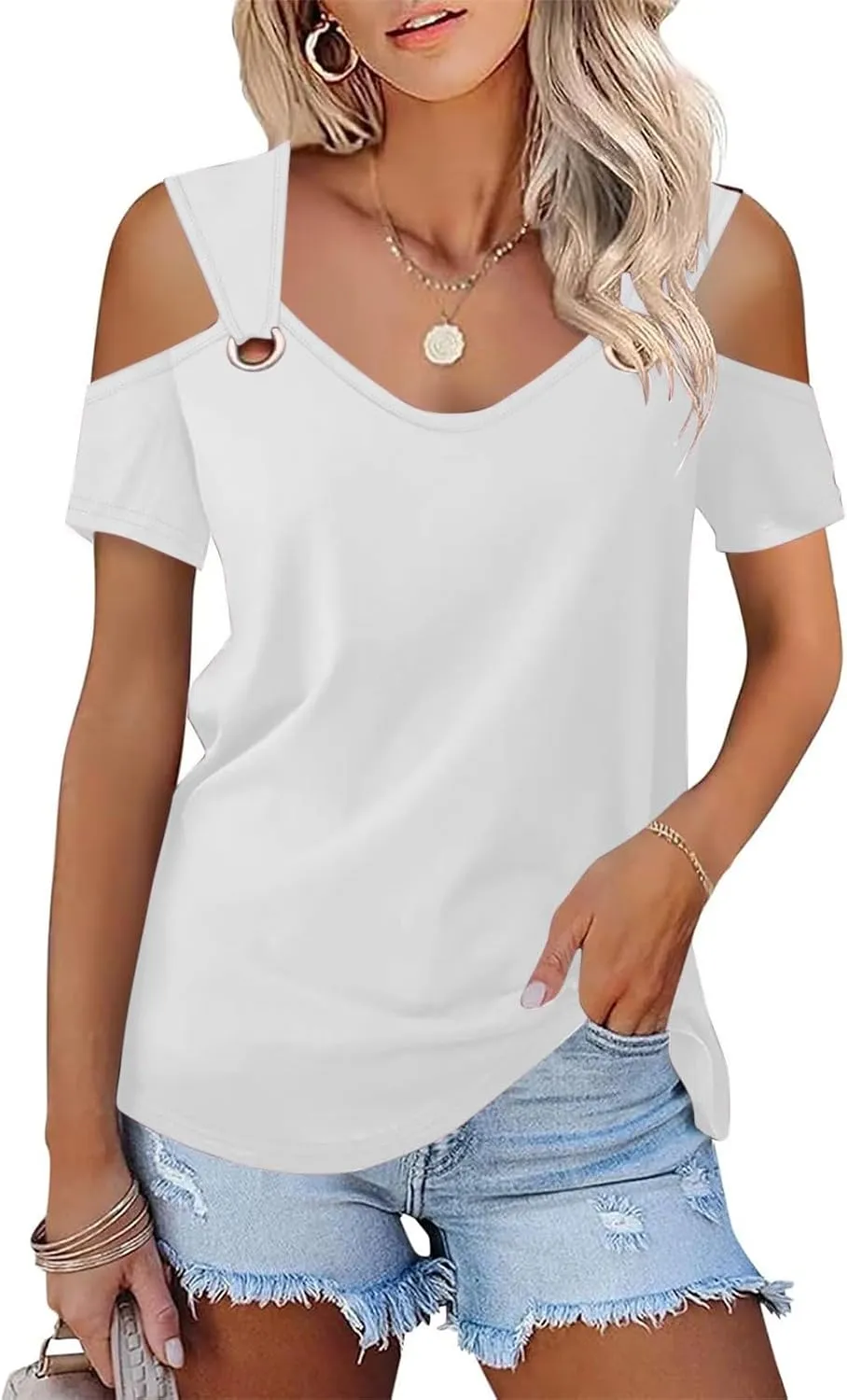 Women's Cold Shoulder Tops Short Sleeve V Neck O-Ring Straps T Shirts Casual Loose Basic Summer Tees Blouse
