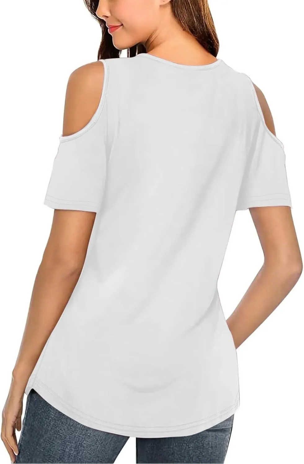Women's Cold Shoulder Tops Short Sleeve V Neck O-Ring Straps T Shirts Casual Loose Basic Summer Tees Blouse