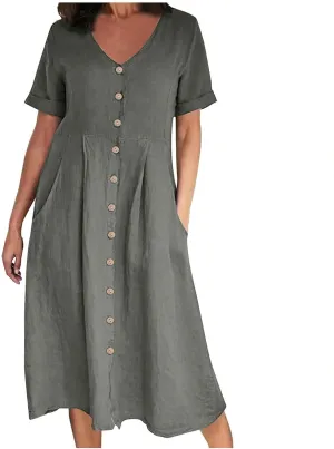 Womens Cotton Linen Button Down Midi Dress Fashion Summer Casual Loose Fit Short Sleeve V Neck Tshirt Dresses
