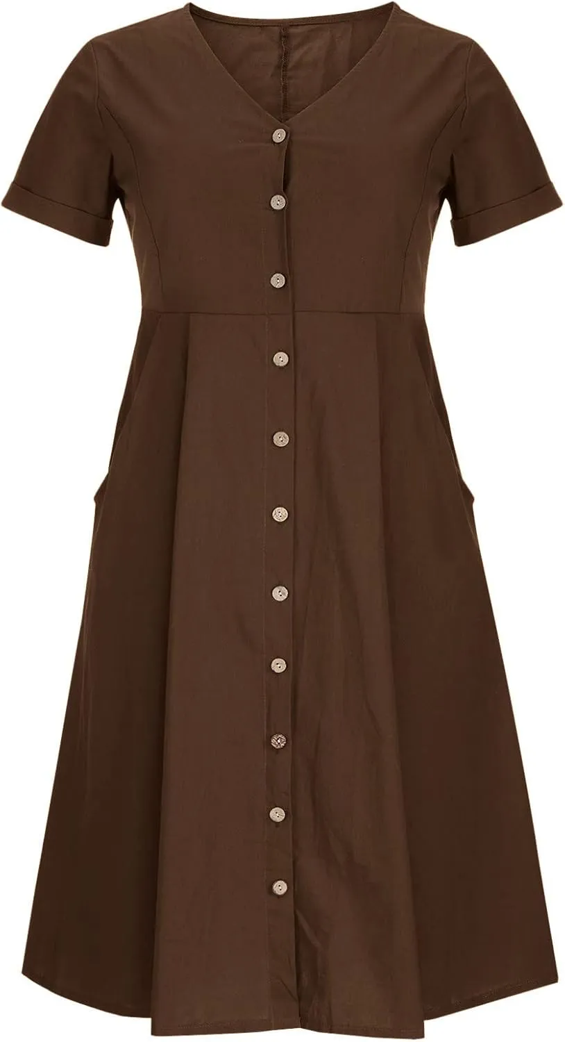Womens Cotton Linen Button Down Midi Dress Fashion Summer Casual Loose Fit Short Sleeve V Neck Tshirt Dresses