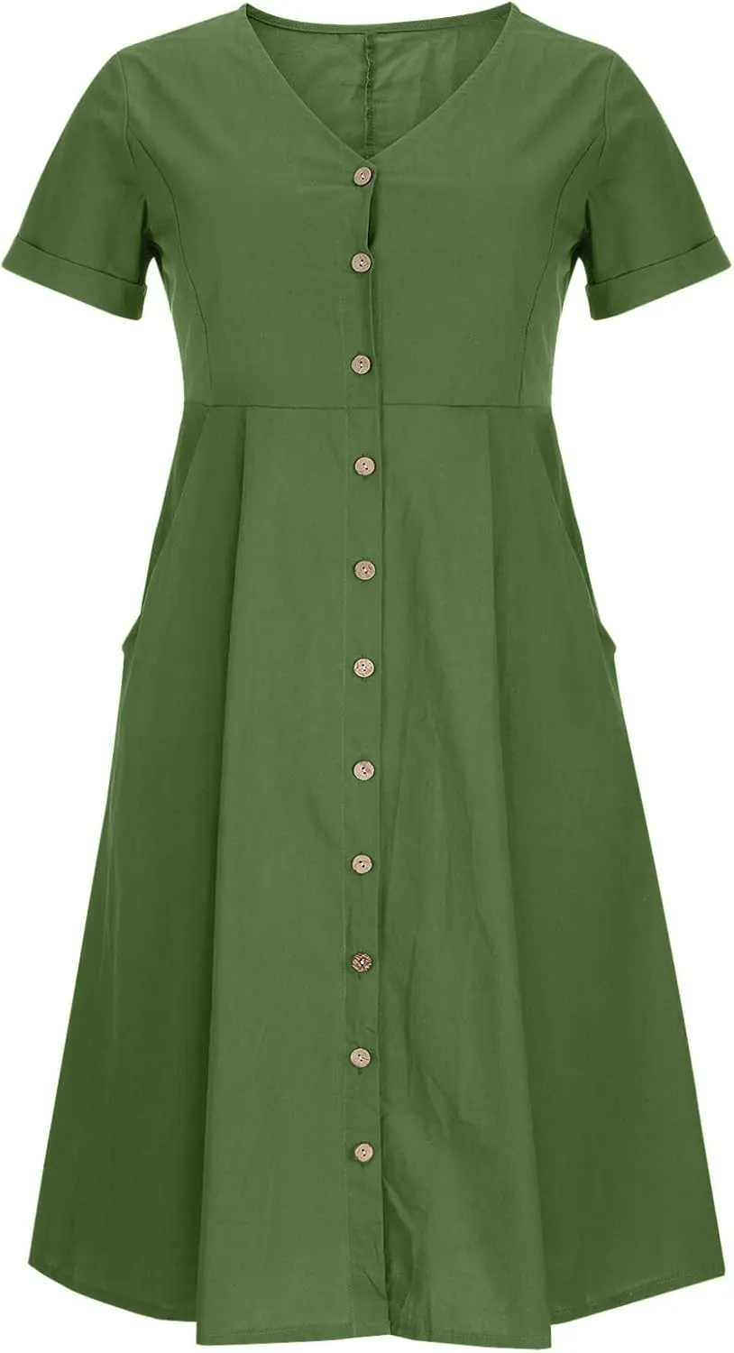 Womens Cotton Linen Button Down Midi Dress Fashion Summer Casual Loose Fit Short Sleeve V Neck Tshirt Dresses