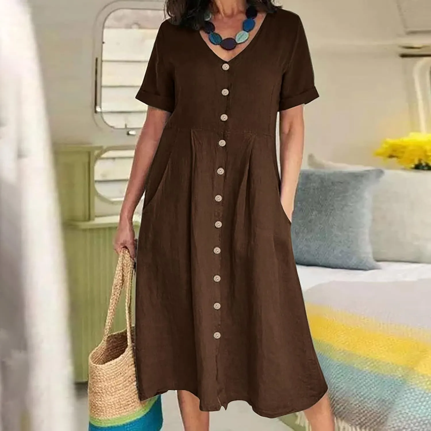 Womens Cotton Linen Button Down Midi Dress Fashion Summer Casual Loose Fit Short Sleeve V Neck Tshirt Dresses