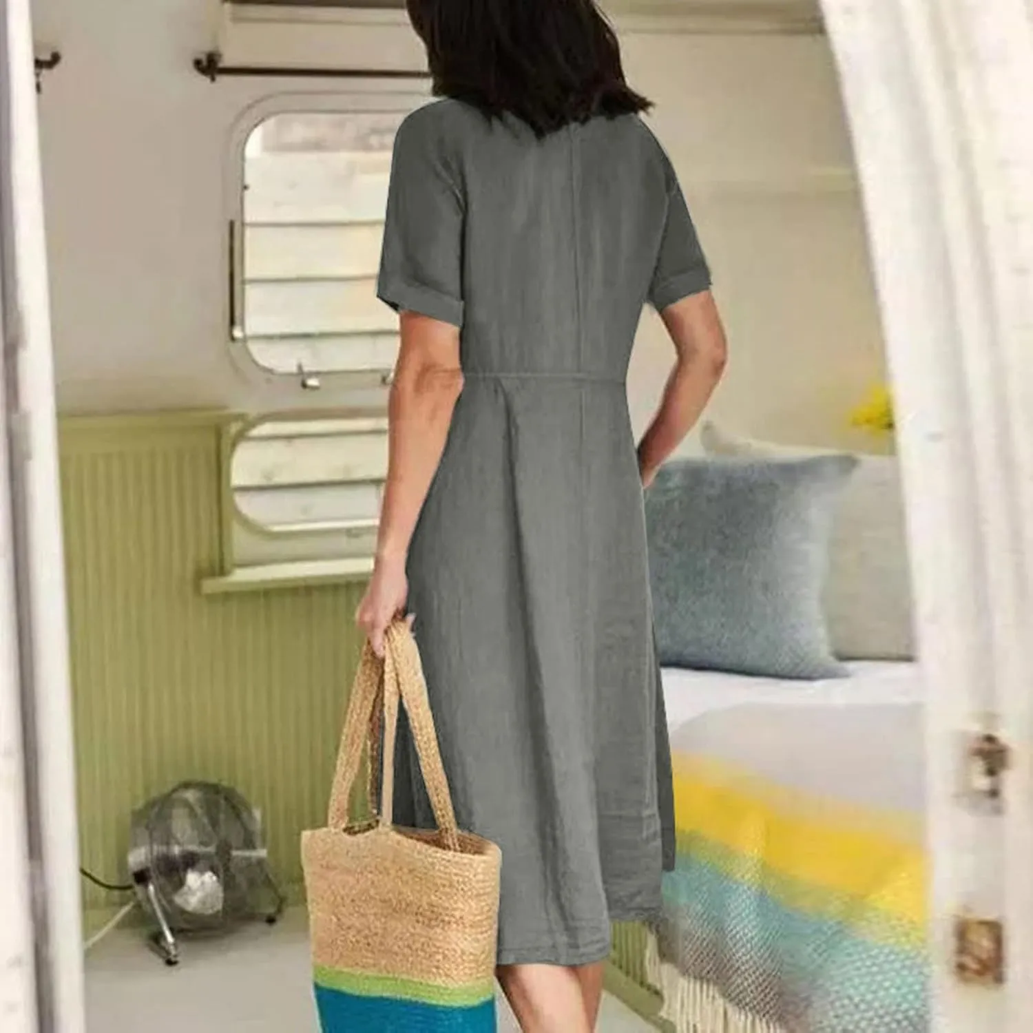Womens Cotton Linen Button Down Midi Dress Fashion Summer Casual Loose Fit Short Sleeve V Neck Tshirt Dresses