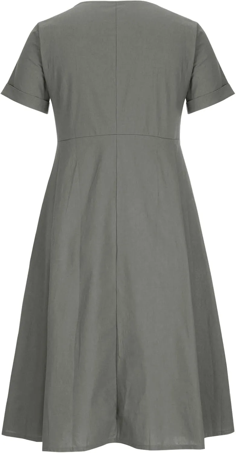 Womens Cotton Linen Button Down Midi Dress Fashion Summer Casual Loose Fit Short Sleeve V Neck Tshirt Dresses