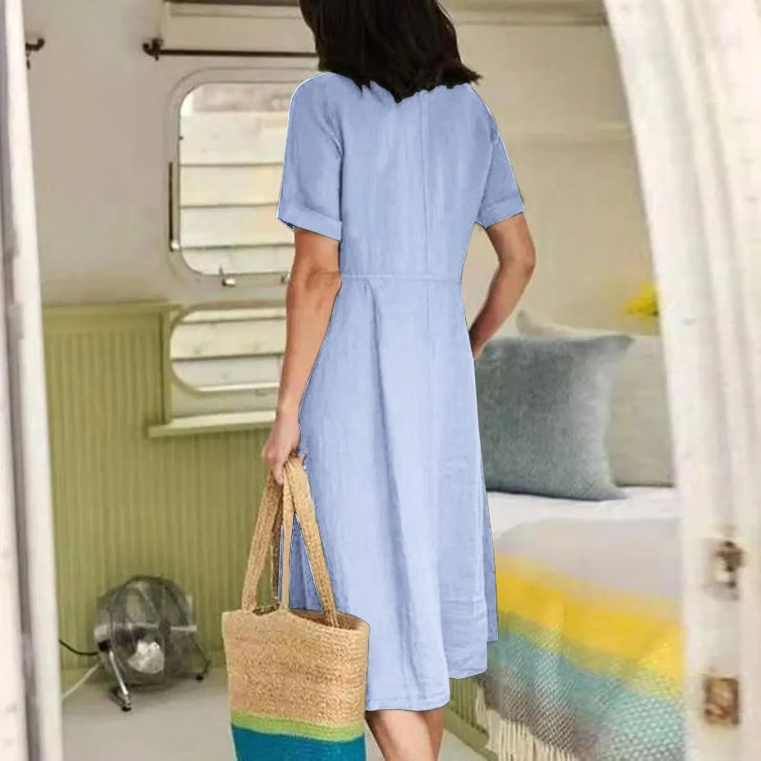 Womens Cotton Linen Button Down Midi Dress Fashion Summer Casual Loose Fit Short Sleeve V Neck Tshirt Dresses