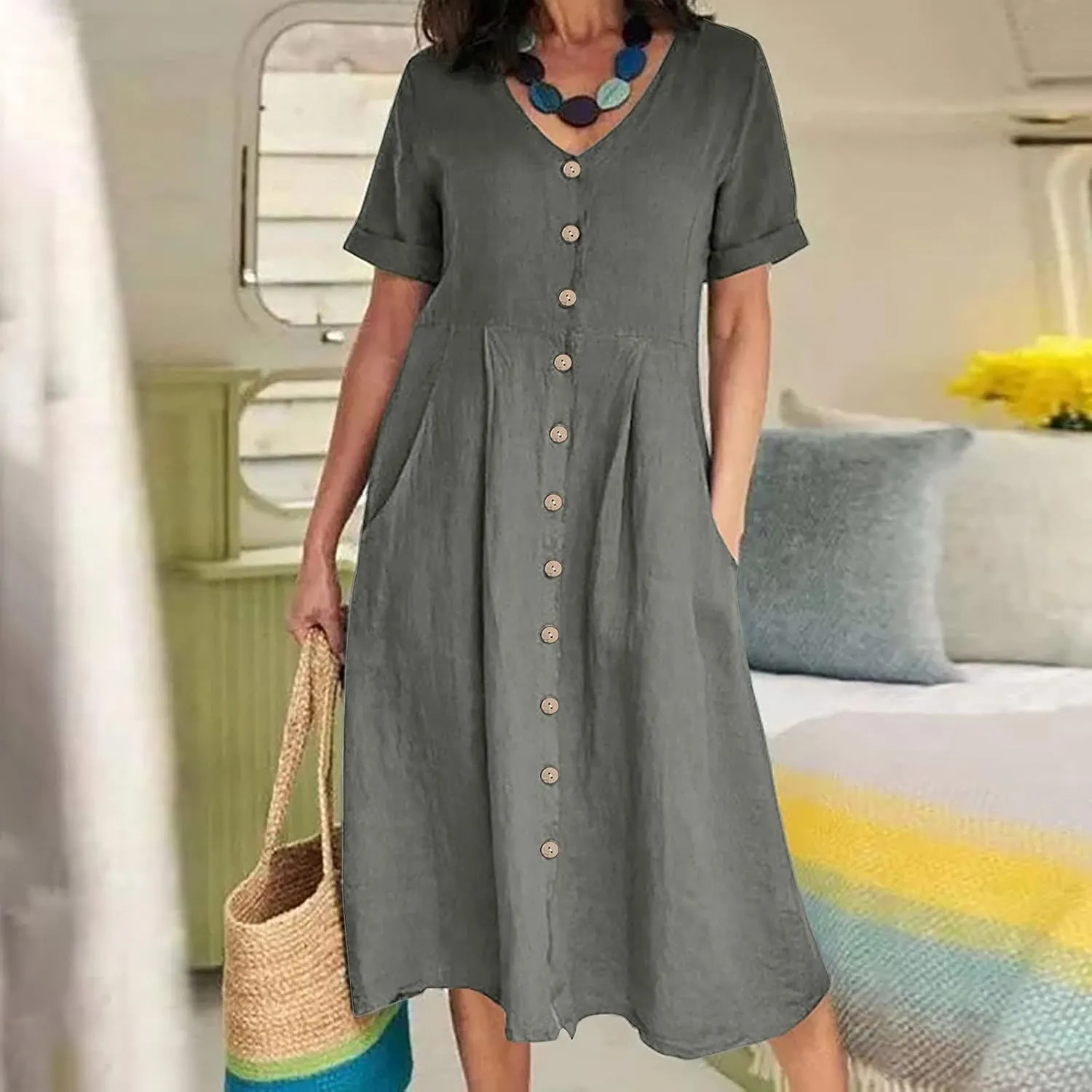 Womens Cotton Linen Button Down Midi Dress Fashion Summer Casual Loose Fit Short Sleeve V Neck Tshirt Dresses