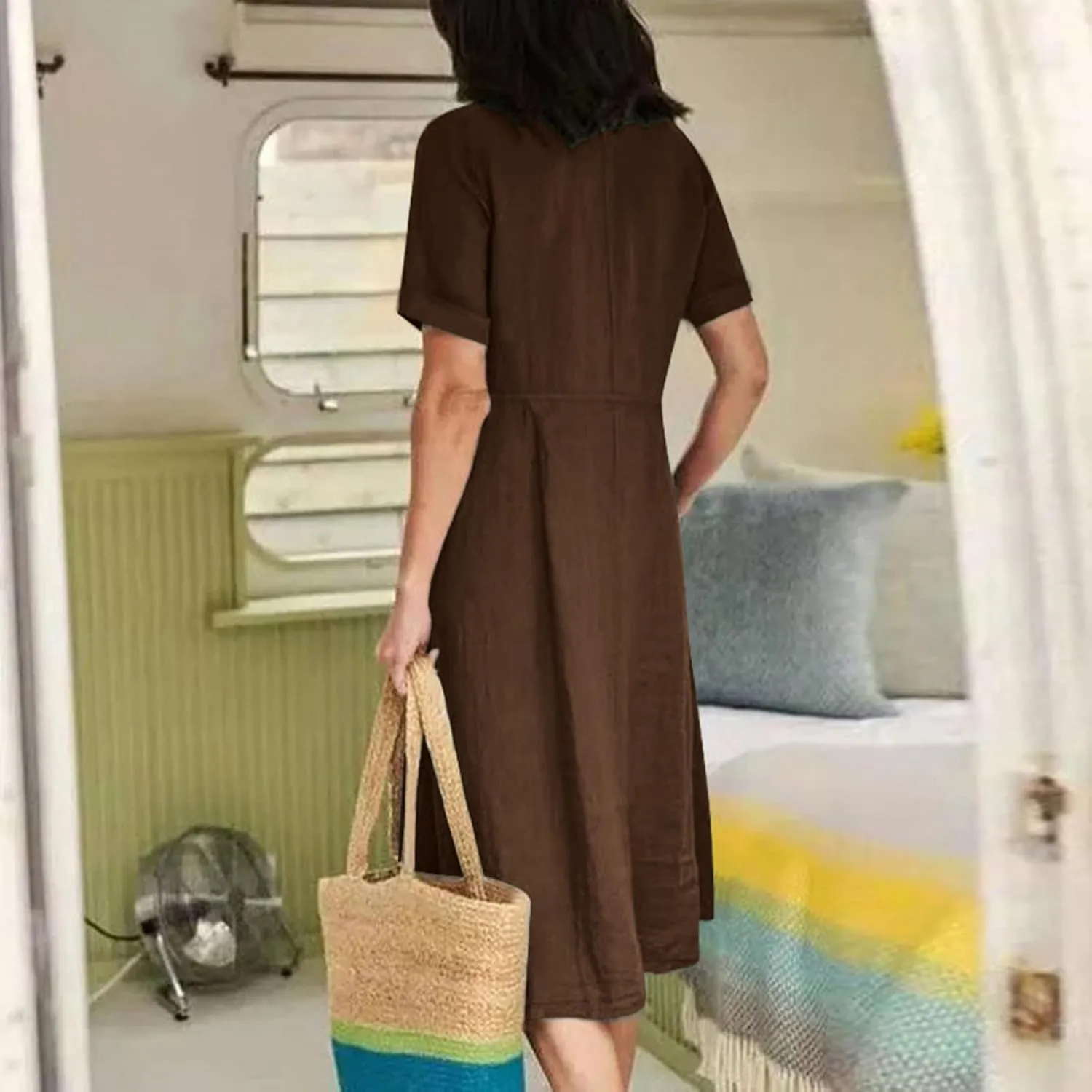 Womens Cotton Linen Button Down Midi Dress Fashion Summer Casual Loose Fit Short Sleeve V Neck Tshirt Dresses