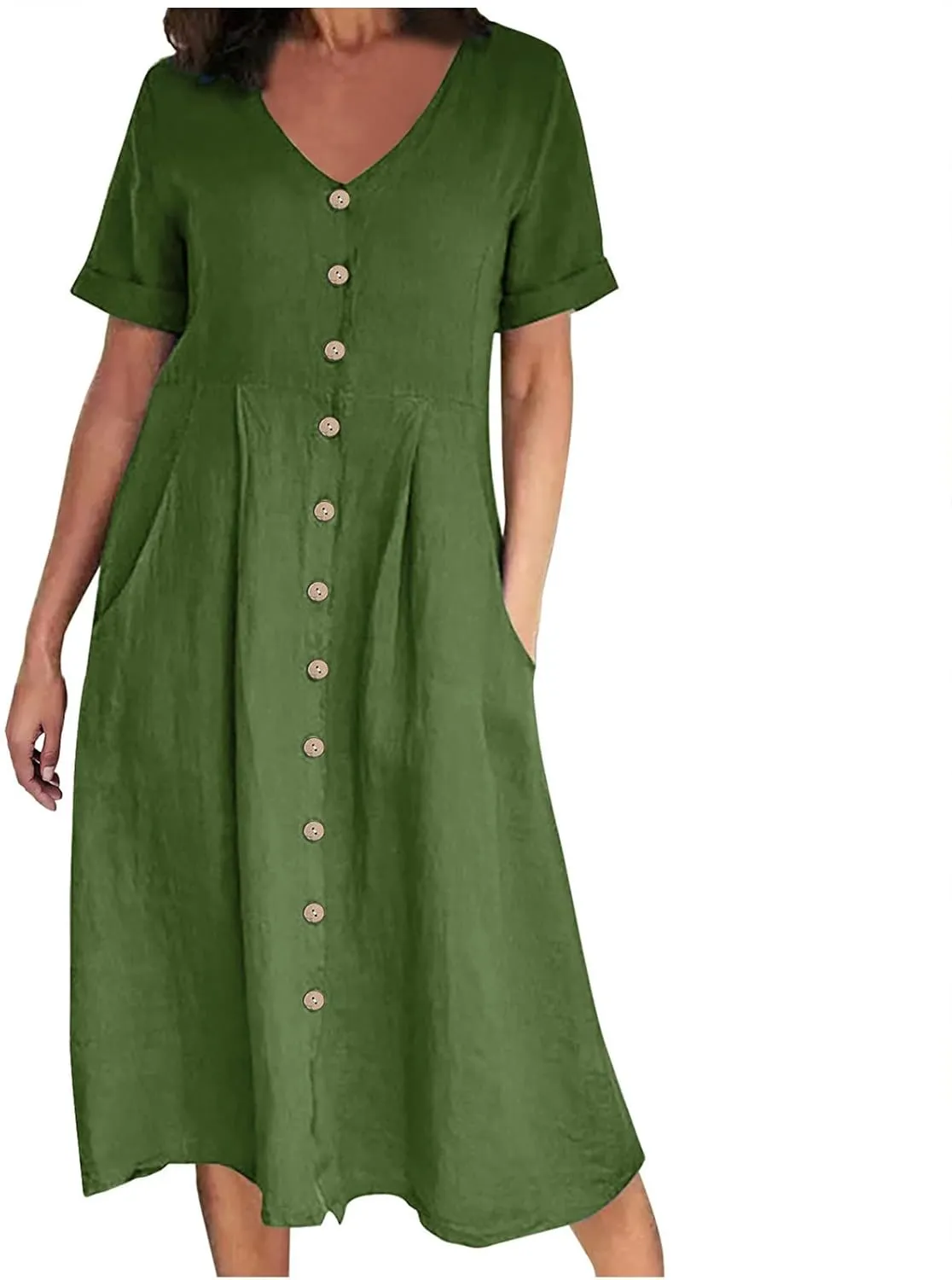 Womens Cotton Linen Button Down Midi Dress Fashion Summer Casual Loose Fit Short Sleeve V Neck Tshirt Dresses
