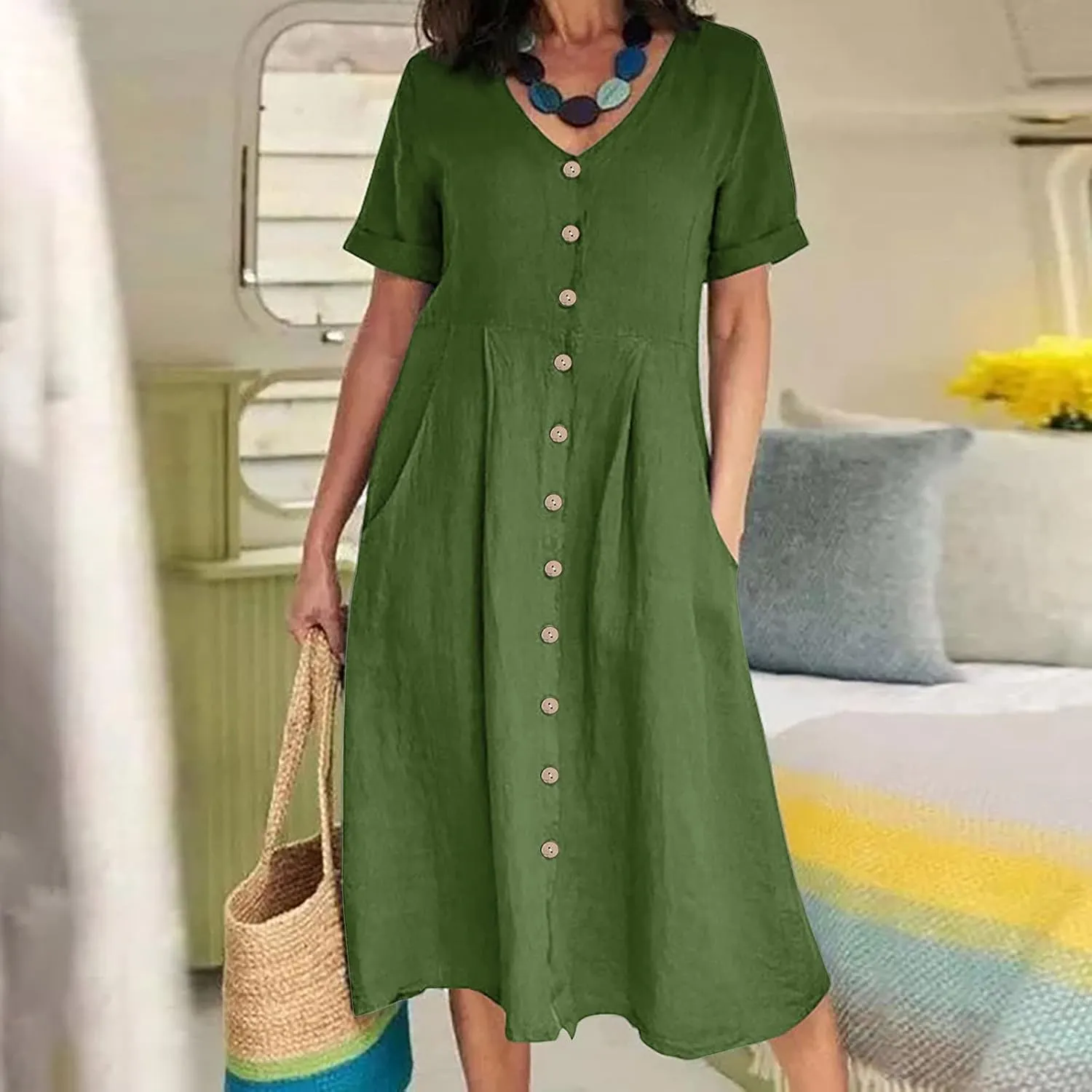 Womens Cotton Linen Button Down Midi Dress Fashion Summer Casual Loose Fit Short Sleeve V Neck Tshirt Dresses