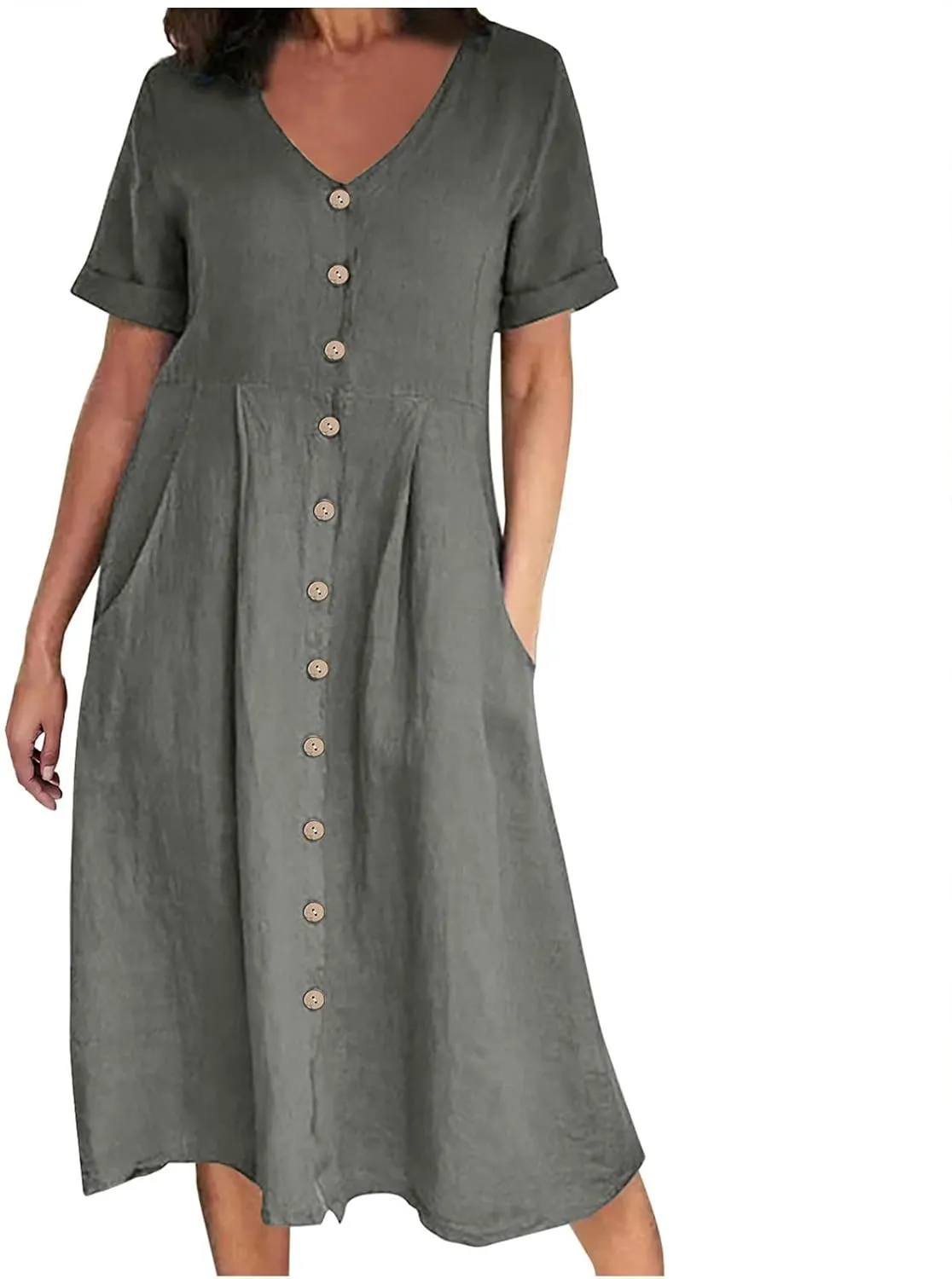 Womens Cotton Linen Button Down Midi Dress Fashion Summer Casual Loose Fit Short Sleeve V Neck Tshirt Dresses