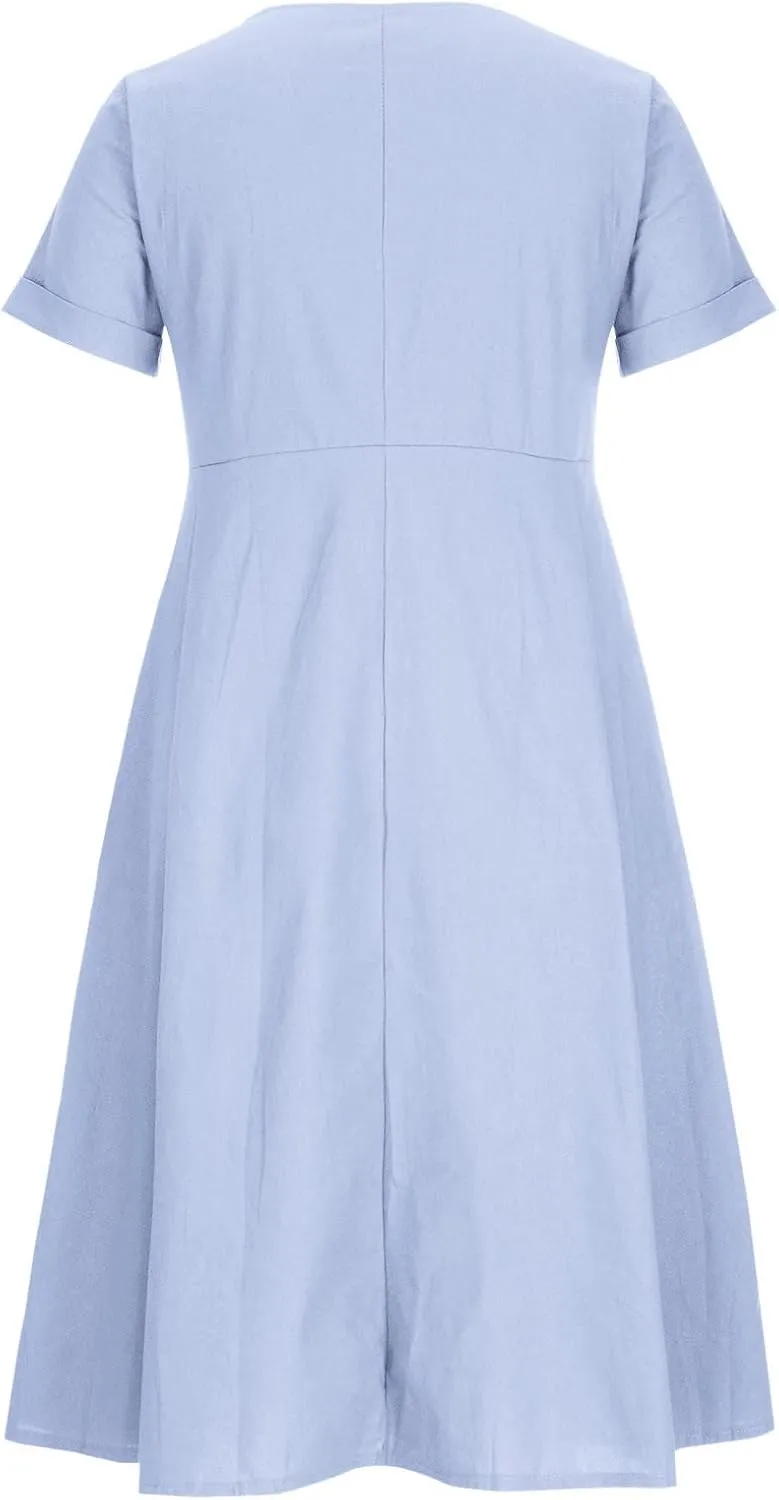 Womens Cotton Linen Button Down Midi Dress Fashion Summer Casual Loose Fit Short Sleeve V Neck Tshirt Dresses