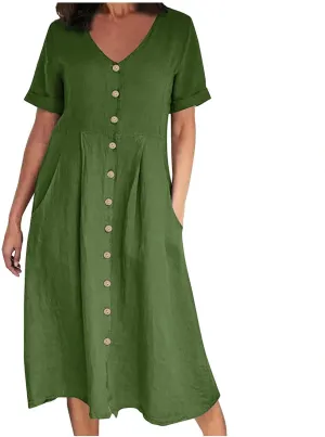 Womens Cotton Linen Button Down Midi Dress Fashion Summer Casual Loose Fit Short Sleeve V Neck Tshirt Dresses