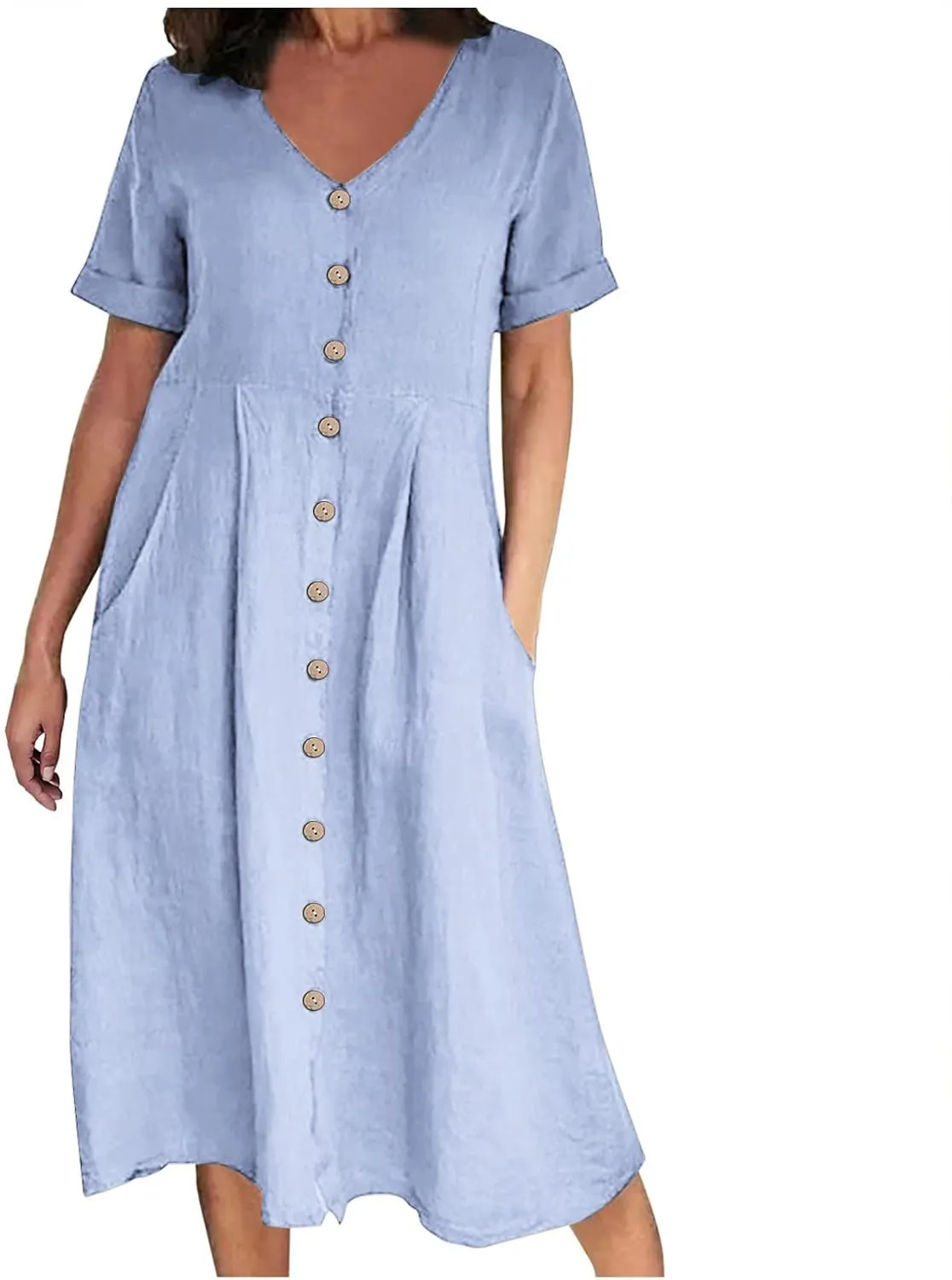 Womens Cotton Linen Button Down Midi Dress Fashion Summer Casual Loose Fit Short Sleeve V Neck Tshirt Dresses