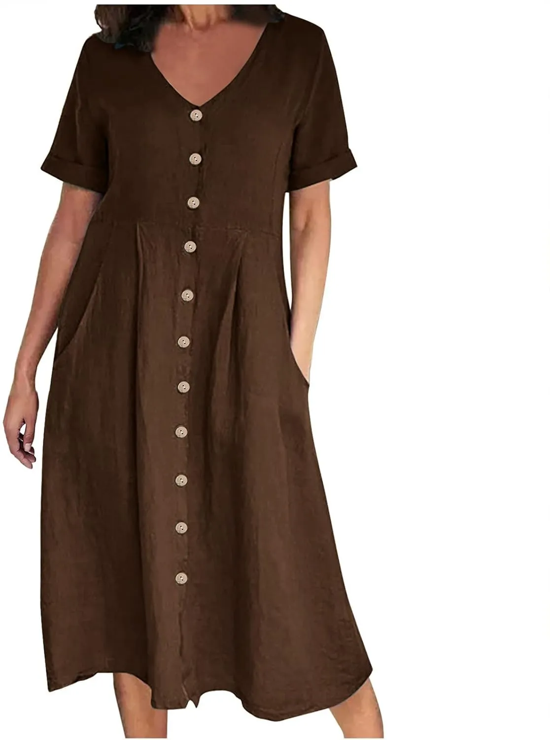 Womens Cotton Linen Button Down Midi Dress Fashion Summer Casual Loose Fit Short Sleeve V Neck Tshirt Dresses