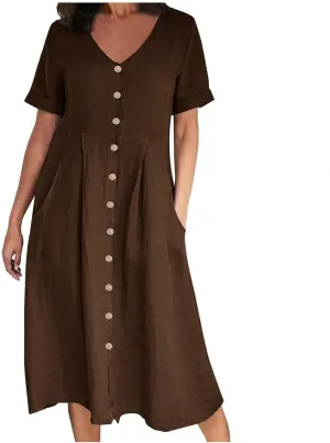 Womens Cotton Linen Button Down Midi Dress Fashion Summer Casual Loose Fit Short Sleeve V Neck Tshirt Dresses