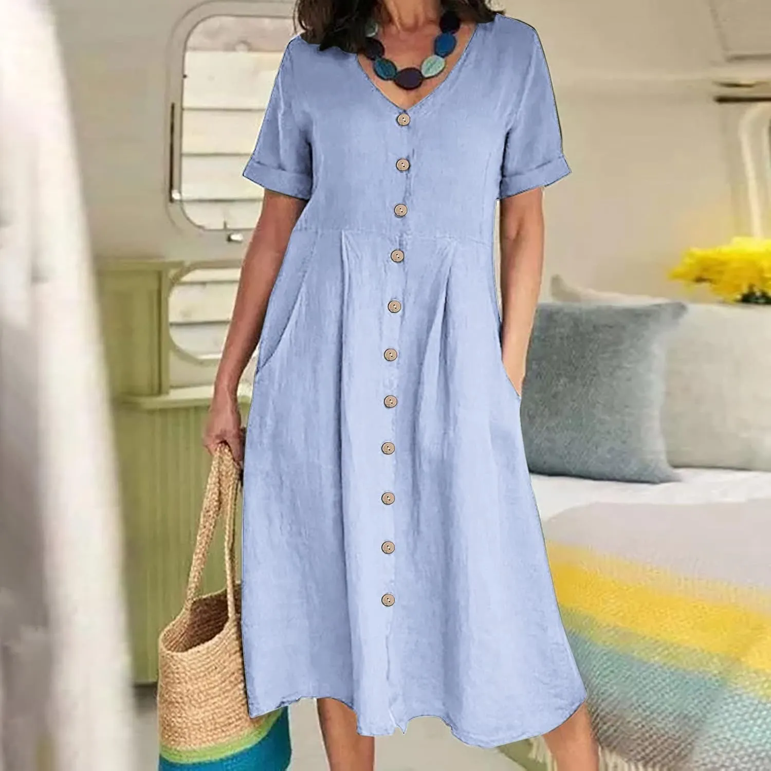 Womens Cotton Linen Button Down Midi Dress Fashion Summer Casual Loose Fit Short Sleeve V Neck Tshirt Dresses