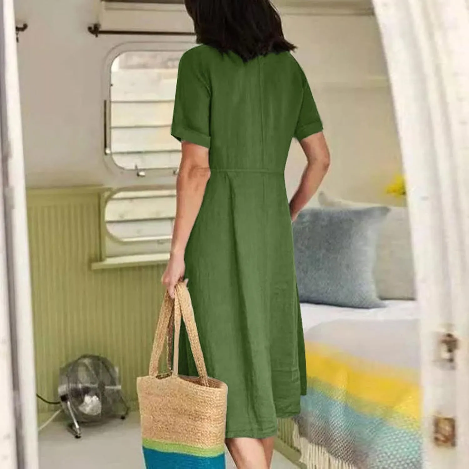 Womens Cotton Linen Button Down Midi Dress Fashion Summer Casual Loose Fit Short Sleeve V Neck Tshirt Dresses