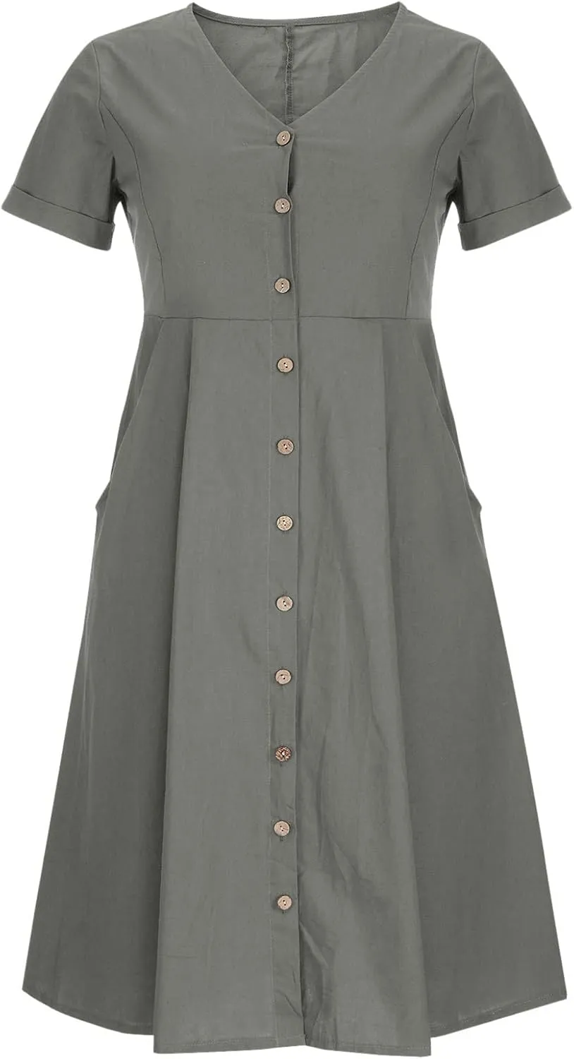 Womens Cotton Linen Button Down Midi Dress Fashion Summer Casual Loose Fit Short Sleeve V Neck Tshirt Dresses
