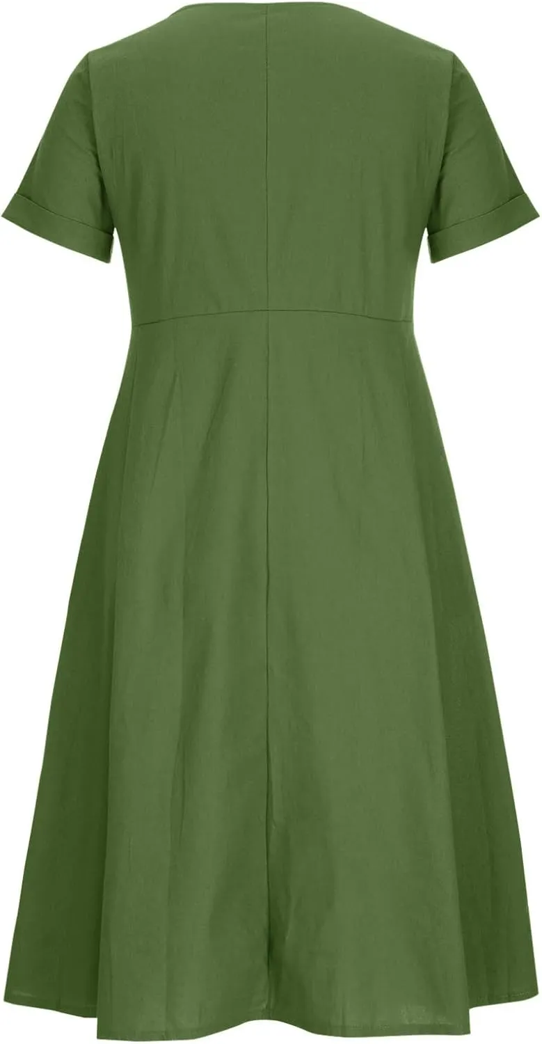 Womens Cotton Linen Button Down Midi Dress Fashion Summer Casual Loose Fit Short Sleeve V Neck Tshirt Dresses