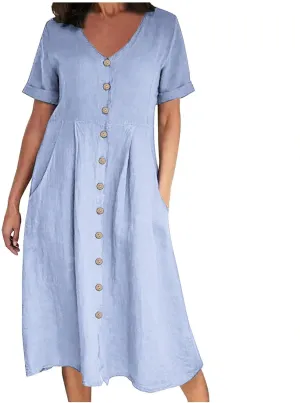 Womens Cotton Linen Button Down Midi Dress Fashion Summer Casual Loose Fit Short Sleeve V Neck Tshirt Dresses