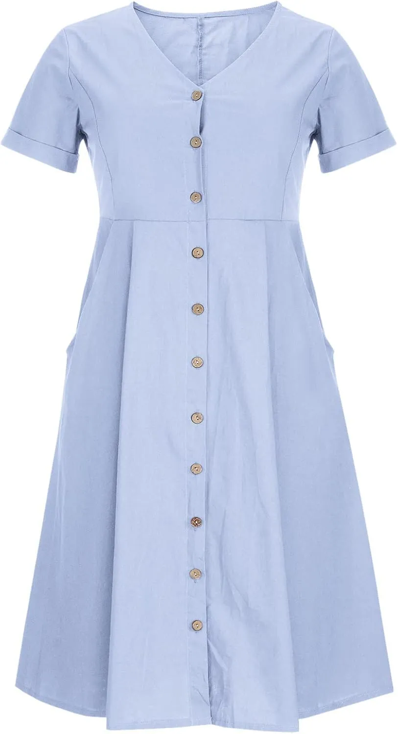 Womens Cotton Linen Button Down Midi Dress Fashion Summer Casual Loose Fit Short Sleeve V Neck Tshirt Dresses