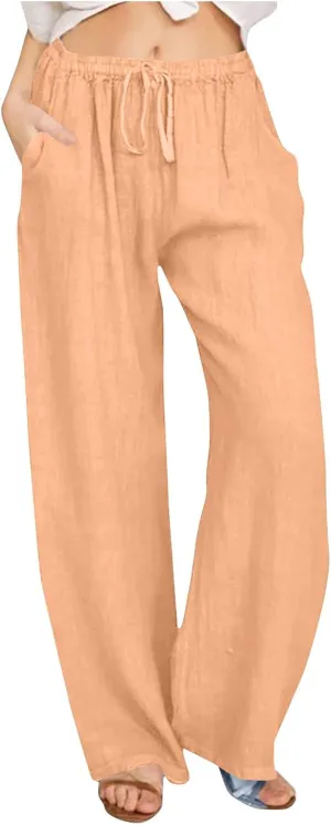 Women's Cotton Linen Pants 2024 Drawstring High Waisted Casual Loose Fit Wide Leg Palazzo Yoga Trousers with Pockets
