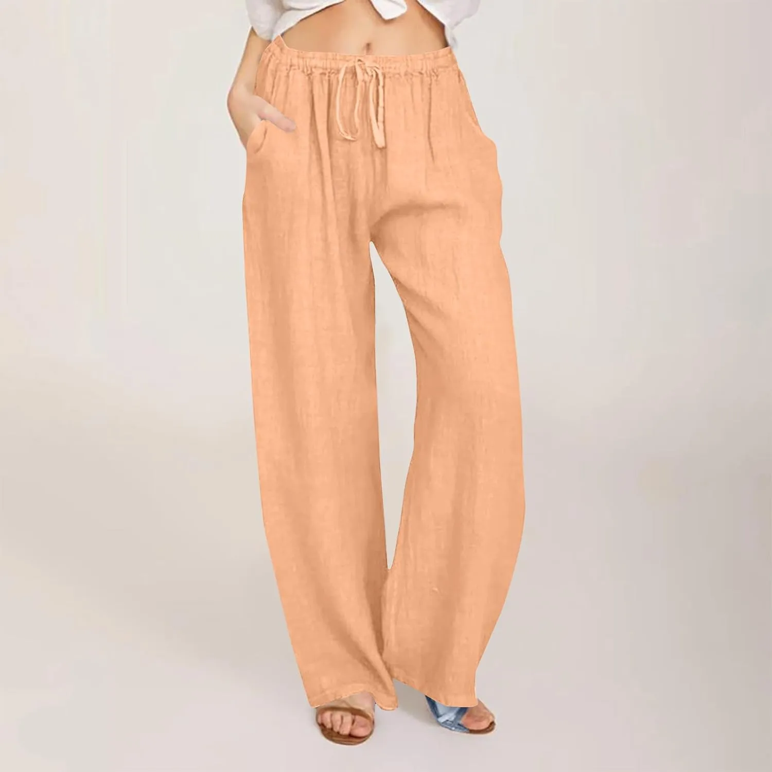 Women's Cotton Linen Pants 2024 Drawstring High Waisted Casual Loose Fit Wide Leg Palazzo Yoga Trousers with Pockets