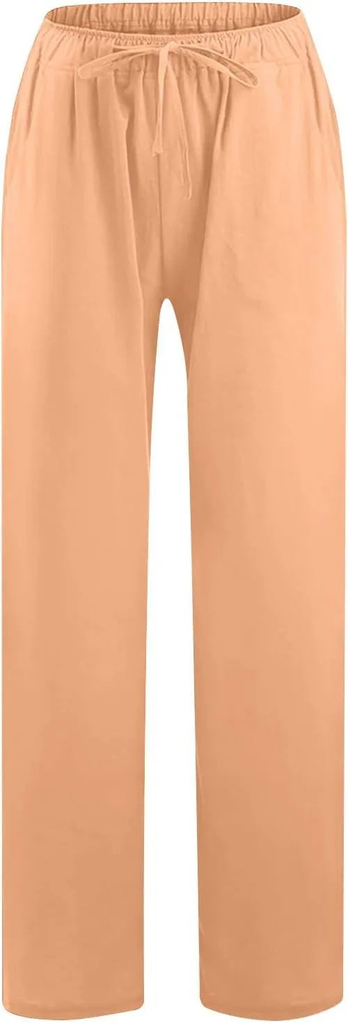 Women's Cotton Linen Pants 2024 Drawstring High Waisted Casual Loose Fit Wide Leg Palazzo Yoga Trousers with Pockets