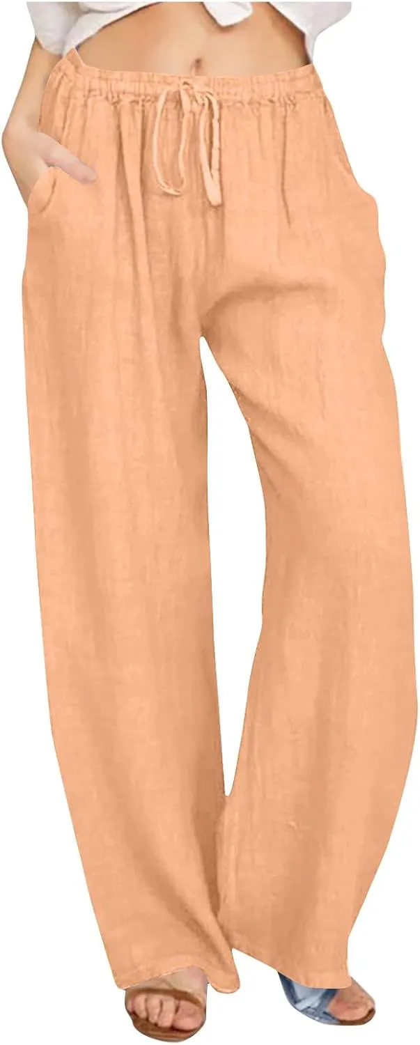 Women's Cotton Linen Pants 2024 Drawstring High Waisted Casual Loose Fit Wide Leg Palazzo Yoga Trousers with Pockets