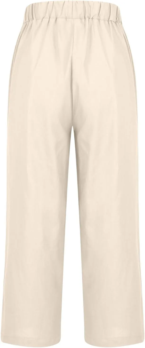 Womens Cotton Linen Pants with Pokets Straight Leg Summer Pants High Waisted Beach Casual Boho Trousers