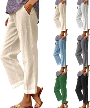 Womens Cotton Linen Pants with Pokets Straight Leg Summer Pants High Waisted Beach Casual Boho Trousers