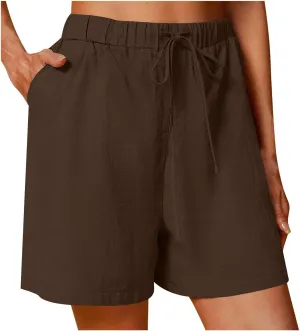 Womens Cotton Linen Shorts Casual Solid Drawstring Shorts Comfy Elastic High Waisted Shorts Summer Beach Shorts