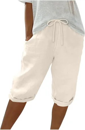Womens Cotton Linen Shorts Casual Solid Yoga Sweat Shorts Elastic High Waisted Drawstring Shorts with Pockets