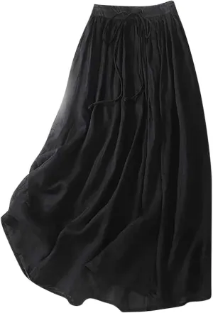 Women's Cotton Linen Skirts Summer Lightweight Casual Lace-Up Waist Long Skirt Beach Vacation Flowy Boho Skirts